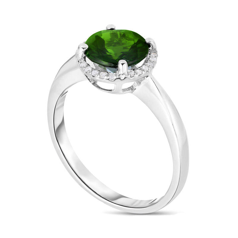 8.0mm Chrome Diopside and Natural Diamond Accent Frame Ring in Solid 14K White Gold - Size 7