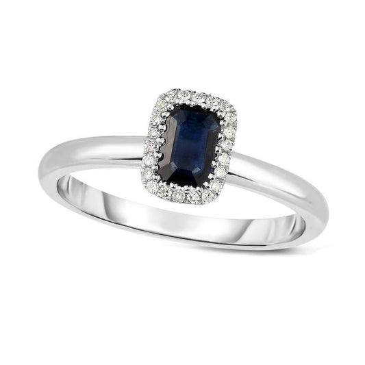 Emerald-Cut Blue Sapphire and Natural Diamond Accent Frame Ring in Solid 14K White Gold - Size 7