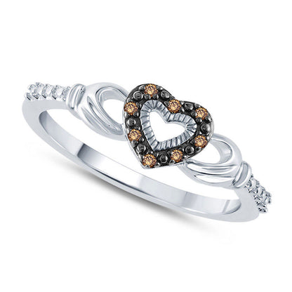 Champagne Natural Diamond Accent Claddagh Ring in Solid 10K White Gold