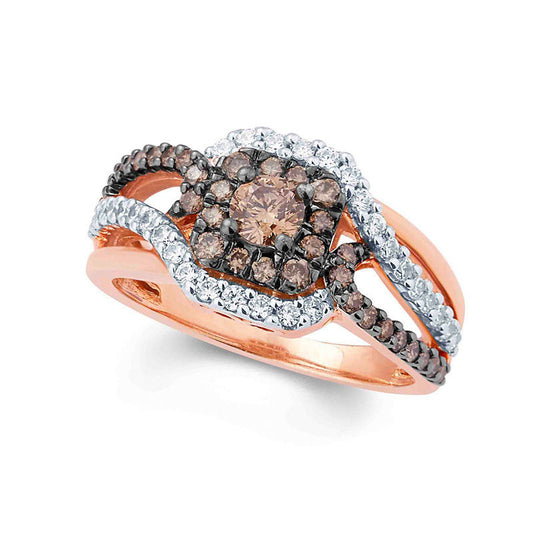 1.0 CT. T.W. Champagne and White Natural Diamond Square Frame Swirl Bypass Ring in Solid 10K Rose Gold