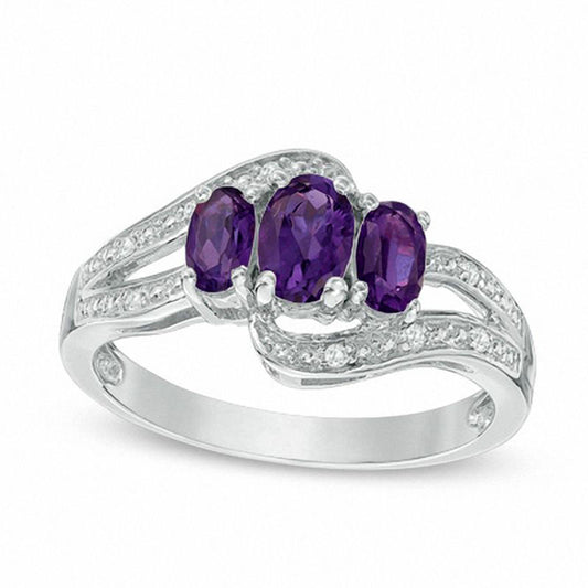 Oval Amethyst and White Topaz Three Stone Bypass Ring in Sterling Silver