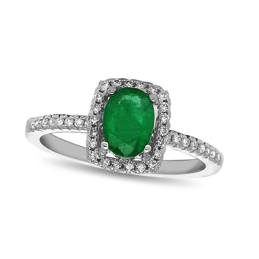 Oval Emerald and 0.20 CT. T.W. Natural Diamond Frame Engagement Ring in Solid 14K White Gold