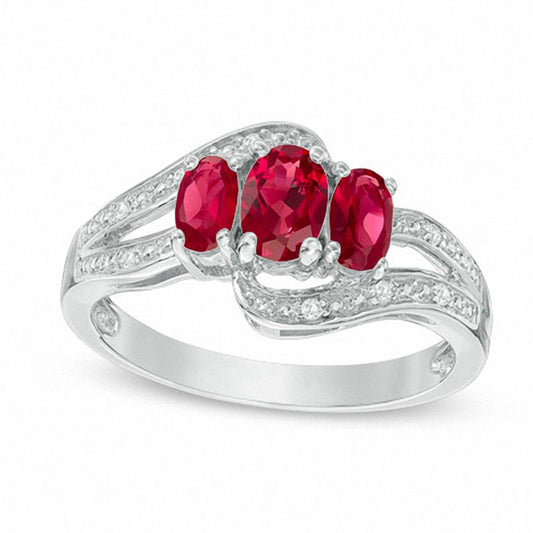 Oval Lab-Created Ruby and White Sapphire Three Stone Bypass Ring in Sterling Silver