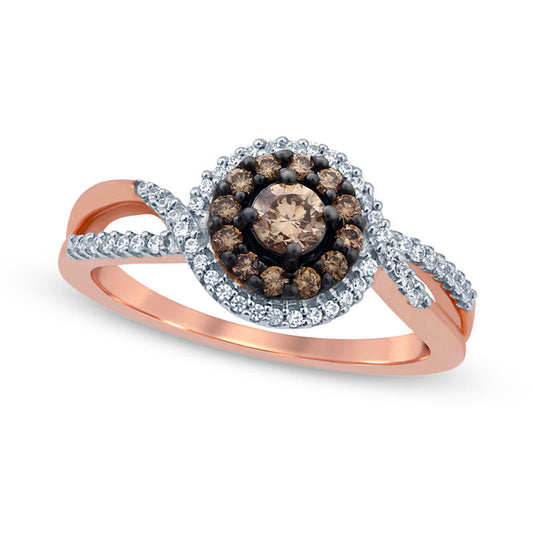 0.25 CT. T.W. Composite Champagne and White Natural Diamond Swirl Split Shank Promise Ring in Solid 14K Rose Gold