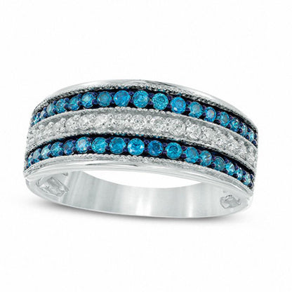 0.50 CT. T.W. Enhanced Blue and White Natural Diamond Three Row Band in Solid 10K White Gold