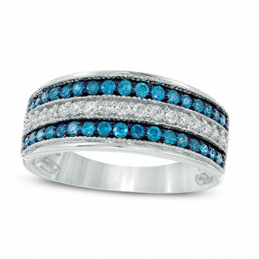 0.50 CT. T.W. Enhanced Blue and White Natural Diamond Three Row Band in Solid 10K White Gold