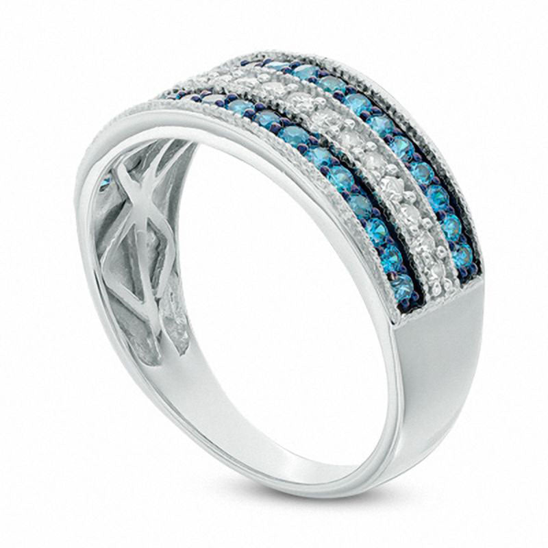 0.50 CT. T.W. Enhanced Blue and White Natural Diamond Three Row Band in Solid 10K White Gold