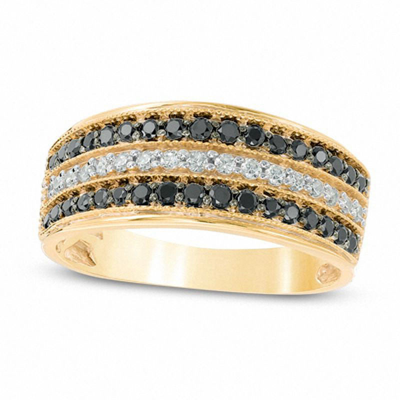 0.50 CT. T.W. Enhanced Black and White Natural Diamond Three Row Band in Solid 10K Yellow Gold