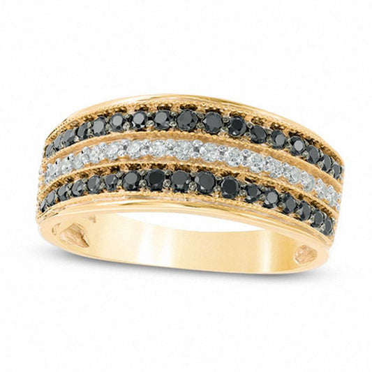 0.50 CT. T.W. Enhanced Black and White Natural Diamond Three Row Band in Solid 10K Yellow Gold