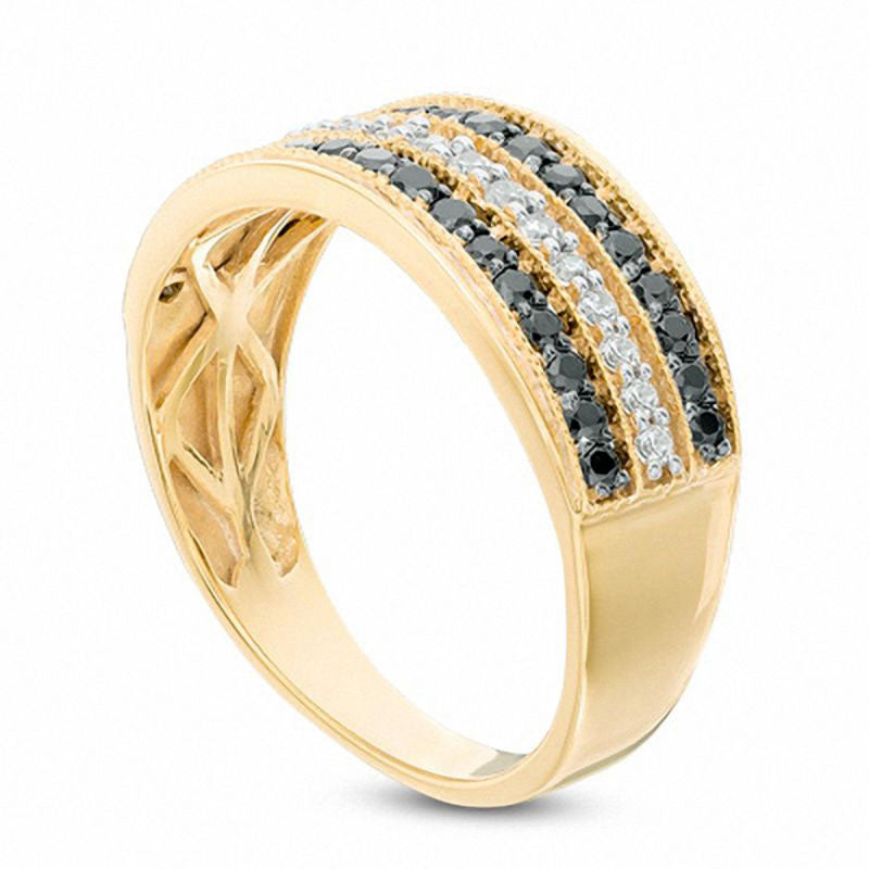 0.50 CT. T.W. Enhanced Black and White Natural Diamond Three Row Band in Solid 10K Yellow Gold