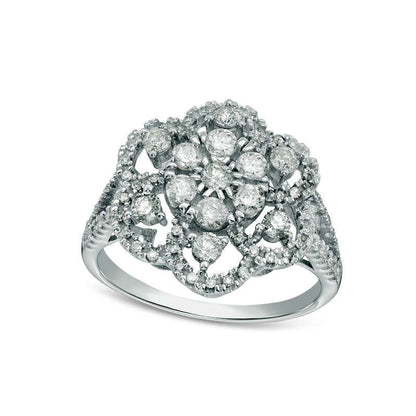 1.0 CT. T.W. Natural Diamond Flower Frame Split Shank Ring in Solid 10K White Gold