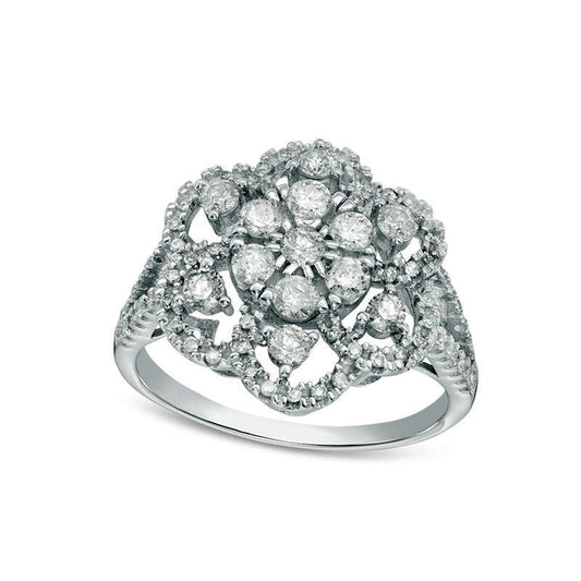 1.0 CT. T.W. Natural Diamond Flower Frame Split Shank Ring in Solid 10K White Gold