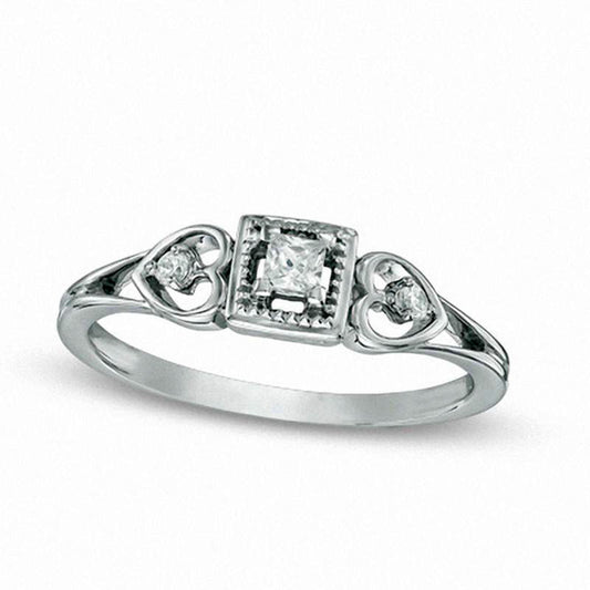 0.10 CT. T.W. Princess-Cut Natural Diamond Frame Heart Collar Promise Ring in Solid 10K White Gold