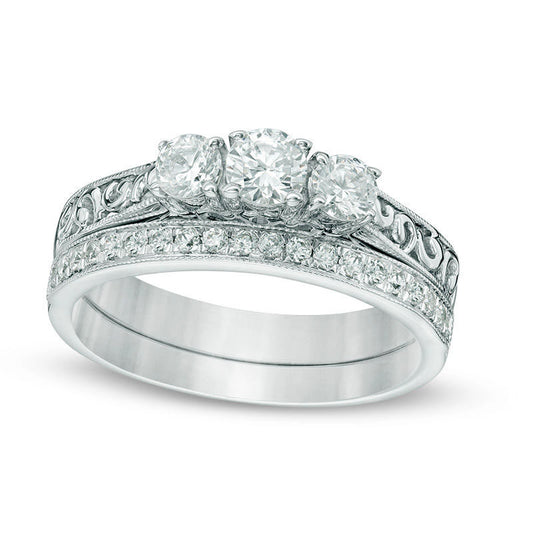 0.75 CT. T.W. Natural Diamond Three Stone Antique Vintage-Style Bridal Engagement Ring Set in Solid 10K White Gold