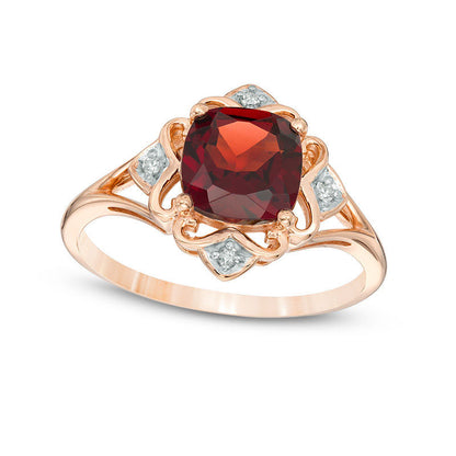 7.0mm Cushion-Cut Garnet and Natural Diamond Accent Scroll Frame Ring in Solid 10K Rose Gold