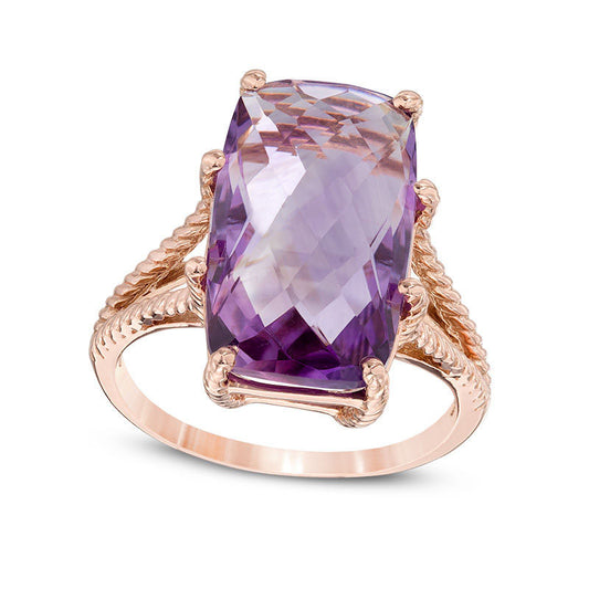 Elongated Cushion-Cut Amethyst Split Shank Rope Ring in Solid 10K Rose Gold
