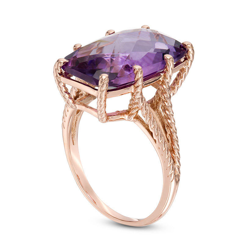 Elongated Cushion-Cut Amethyst Split Shank Rope Ring in Solid 10K Rose Gold