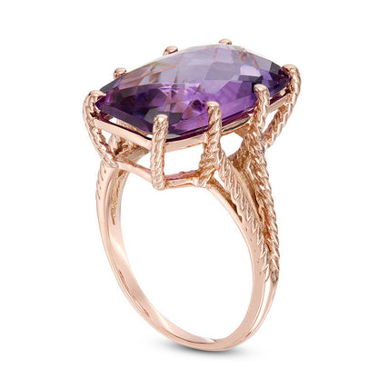 Elongated Cushion-Cut Amethyst Split Shank Rope Ring in Solid 10K Rose Gold