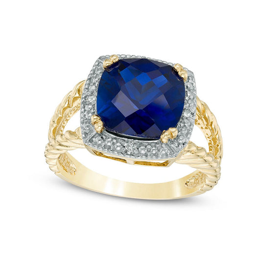 10.0mm Cushion-Cut Lab-Created Blue Sapphire and Diamond Accent Frame Split Shank Ring in Solid 10K Yellow Gold
