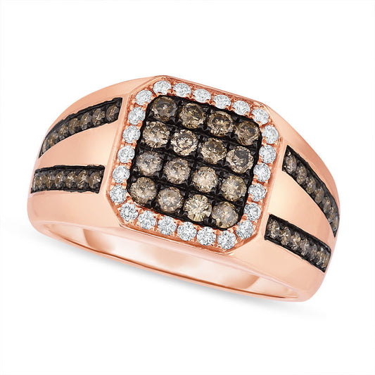 Men's 1.13 CT. T.W. Champagne and White Natural Diamond Octagonal Frame Ring in Solid 14K Rose Gold