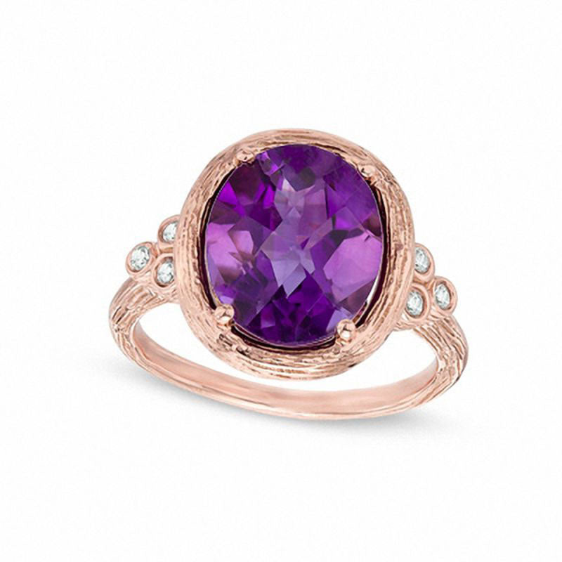 Oval Amethyst and 0.10 CT. T.W. Natural Diamond Tri-Sides Textured Frame Ring in Solid 10K Rose Gold