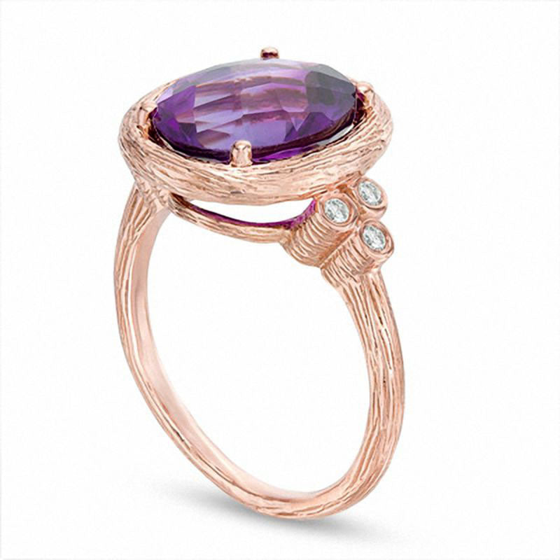 Oval Amethyst and 0.10 CT. T.W. Natural Diamond Tri-Sides Textured Frame Ring in Solid 10K Rose Gold