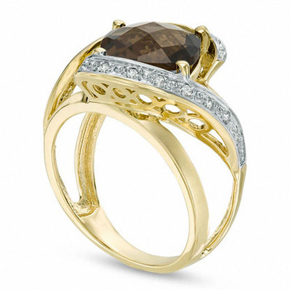 10.0mm Cushion-Cut Smoky Quartz and 0.17 CT. T.W. Natural Diamond Bypass Split Shank Ring in Solid 10K Yellow Gold