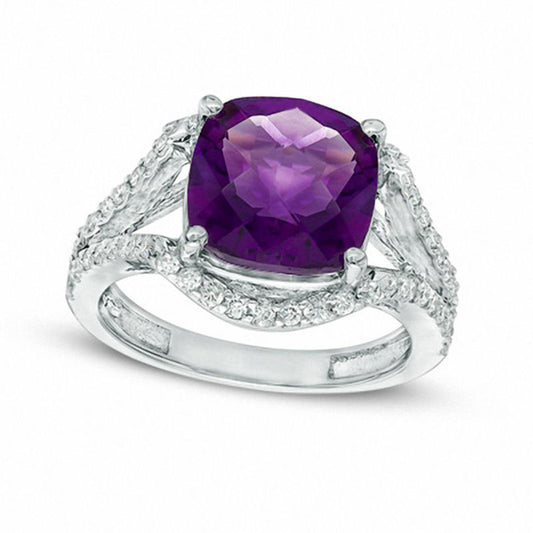 10.0mm Cushion-Cut Amethyst and 0.50 CT. T.W. Natural Diamond Contoured Split Shank Ring in Solid 10K White Gold