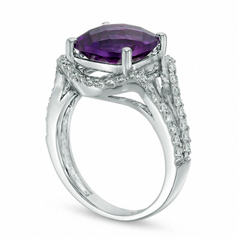 10.0mm Cushion-Cut Amethyst and 0.50 CT. T.W. Natural Diamond Contoured Split Shank Ring in Solid 10K White Gold