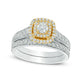 1.0 CT. T.W. Natural Diamond Double Cushion Frame Bridal Engagement Ring Set in Solid 10K Two-Tone Gold