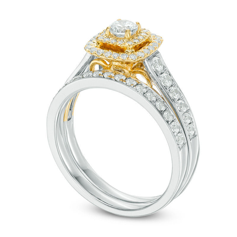 1.0 CT. T.W. Natural Diamond Double Cushion Frame Bridal Engagement Ring Set in Solid 10K Two-Tone Gold