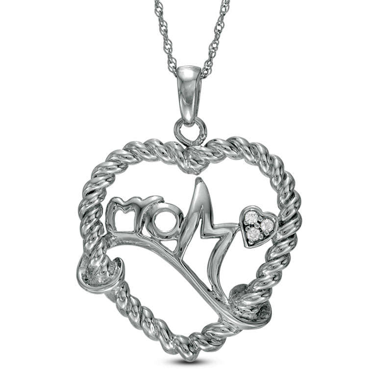 Natural Diamond Accent "Mom" Heart Necklace in Sterling Silver