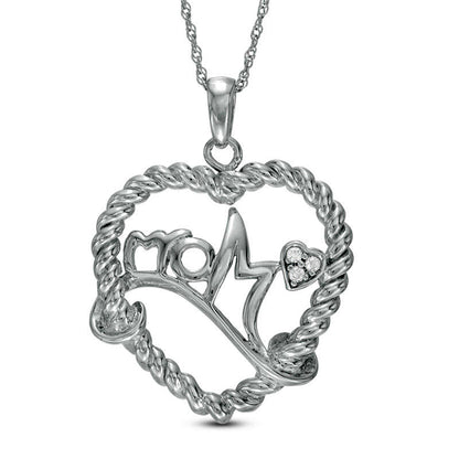 Natural Diamond Accent "Mom" Heart Necklace in Sterling Silver