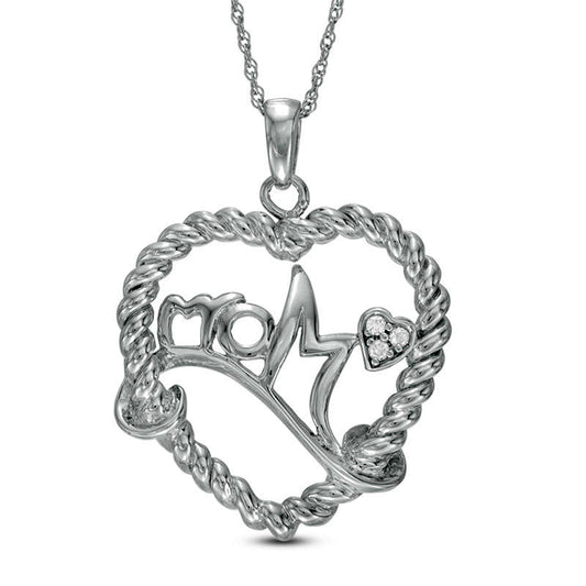 Natural Diamond Accent "Mom" Heart Necklace in Sterling Silver