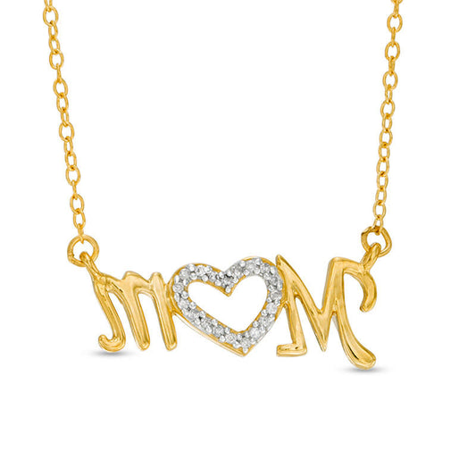 0.1 CT. T.W. Natural Diamond "Mom" Heart Necklace in Sterling Silver with Yellow Rhodium