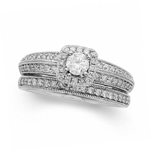 1.0 CT. T.W. Certified Natural Diamond Cushion Frame Antique Vintage-Style Bridal Engagement Ring Set in Solid 14K White Gold (I/I2)