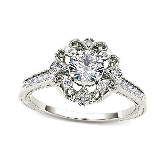 0.63 CT. T.W. Natural Diamond Flower Frame Antique Vintage-Style Engagement Ring in Solid 14K White Gold