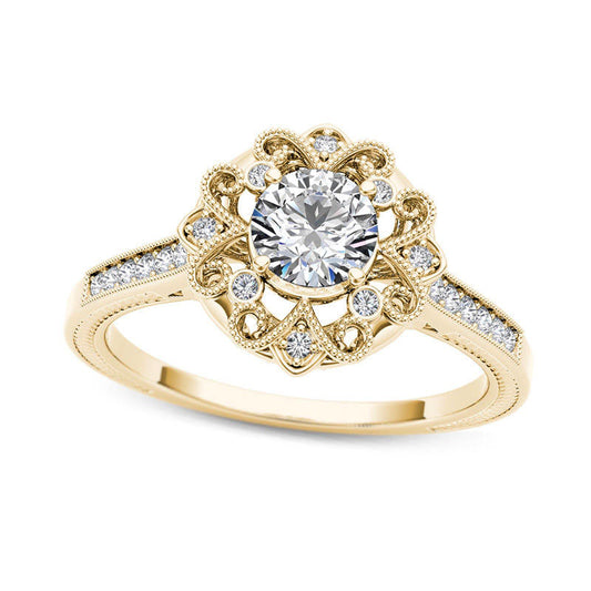 0.63 CT. T.W. Natural Diamond Flower Frame Antique Vintage-Style Engagement Ring in Solid 14K Gold