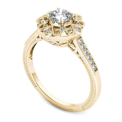 0.63 CT. T.W. Natural Diamond Flower Frame Antique Vintage-Style Engagement Ring in Solid 14K Gold