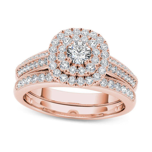 0.88 CT. T.W. Natural Diamond Double Cushion Frame Multi-Row Antique Vintage-Style Bridal Engagement Ring Set in Solid 14K Rose Gold