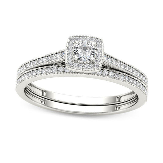 0.33 CT. T.W. Natural Diamond Cushion Frame Antique Vintage-Style Bridal Engagement Ring Set in Solid 14K White Gold