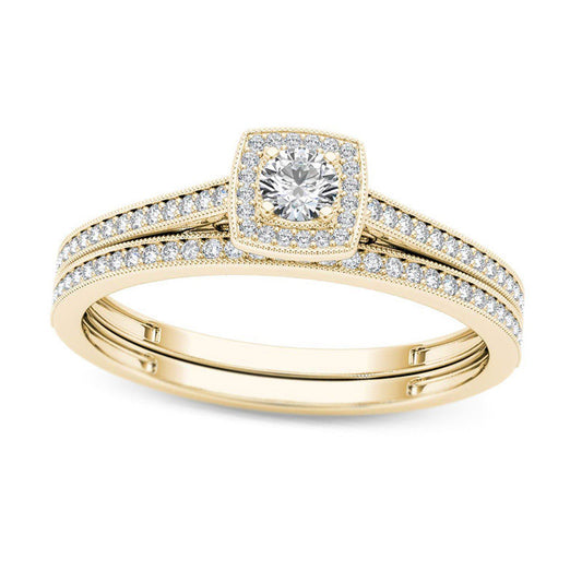0.33 CT. T.W. Natural Diamond Cushion Frame Antique Vintage-Style Bridal Engagement Ring Set in Solid 14K Gold