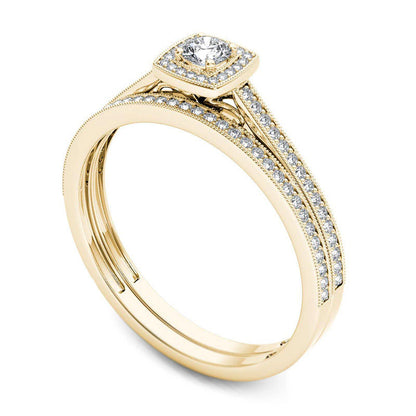 0.33 CT. T.W. Natural Diamond Cushion Frame Antique Vintage-Style Bridal Engagement Ring Set in Solid 14K Gold