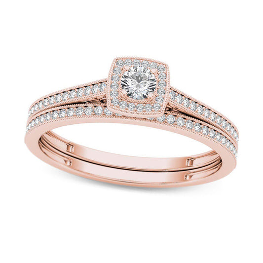 0.33 CT. T.W. Natural Diamond Cushion Frame Antique Vintage-Style Bridal Engagement Ring Set in Solid 14K Rose Gold