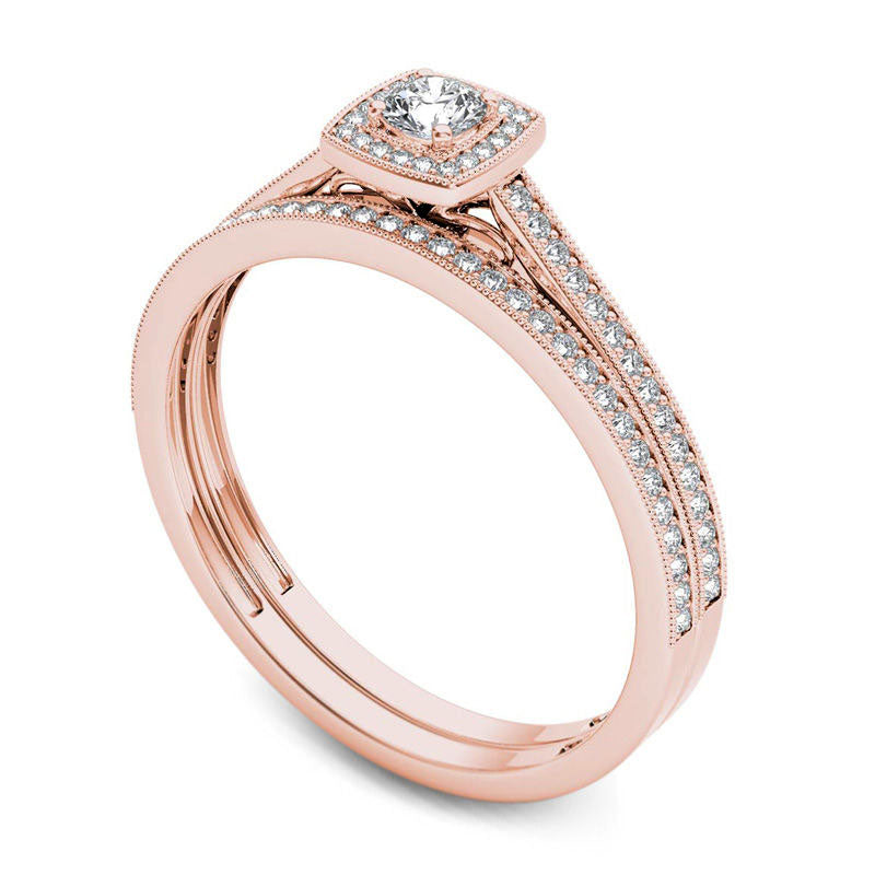 0.33 CT. T.W. Natural Diamond Cushion Frame Antique Vintage-Style Bridal Engagement Ring Set in Solid 14K Rose Gold
