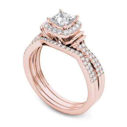 1.0 CT. T.W. Princess-Cut Natural Diamond Frame Multi-Row Three Piece Bridal Engagement Ring Set in Solid 14K Rose Gold