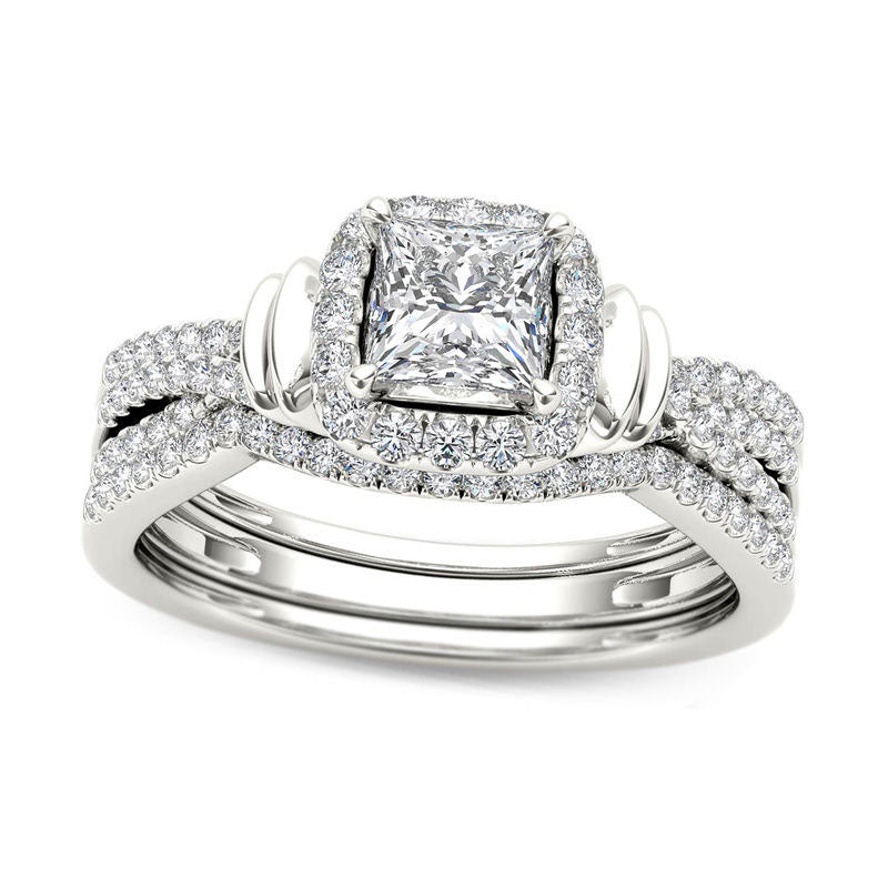1.0 CT. T.W. Princess-Cut Natural Diamond Frame Multi-Row Three Piece Bridal Engagement Ring Set in Solid 14K White Gold