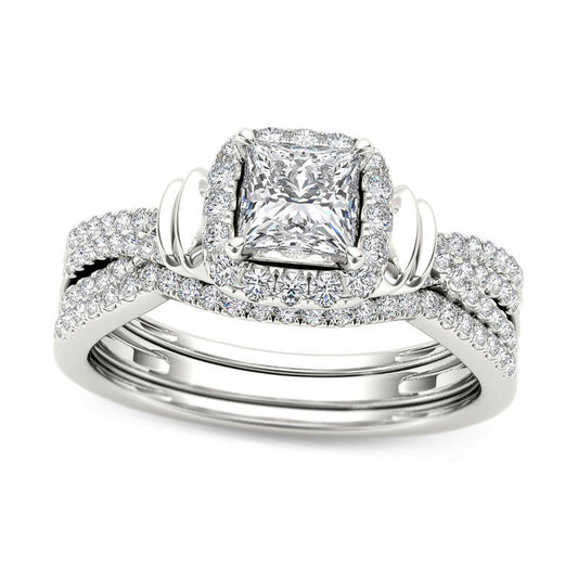 1.0 CT. T.W. Princess-Cut Natural Diamond Frame Multi-Row Three Piece Bridal Engagement Ring Set in Solid 14K White Gold