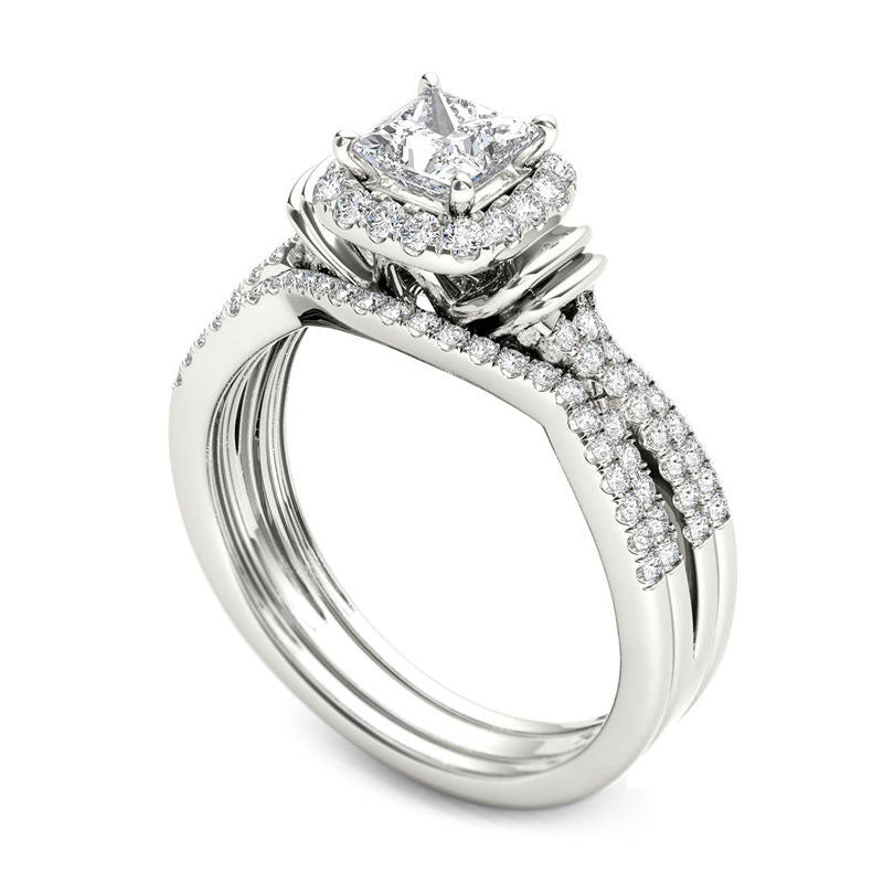 1.0 CT. T.W. Princess-Cut Natural Diamond Frame Multi-Row Three Piece Bridal Engagement Ring Set in Solid 14K White Gold