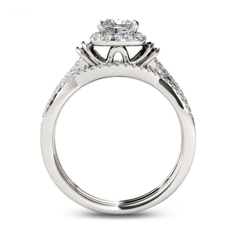1.0 CT. T.W. Princess-Cut Natural Diamond Frame Multi-Row Three Piece Bridal Engagement Ring Set in Solid 14K White Gold